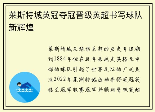 莱斯特城英冠夺冠晋级英超书写球队新辉煌